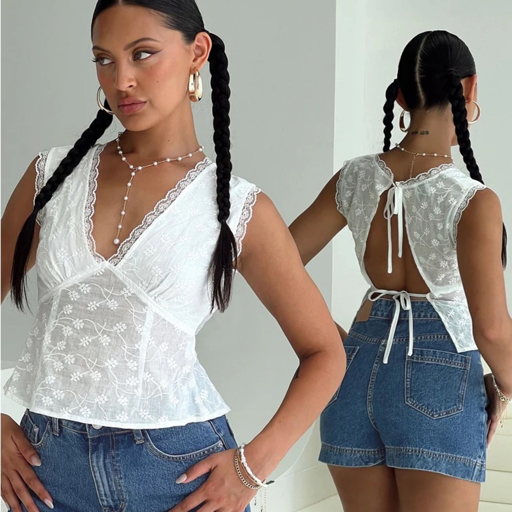 Lace trim open back top